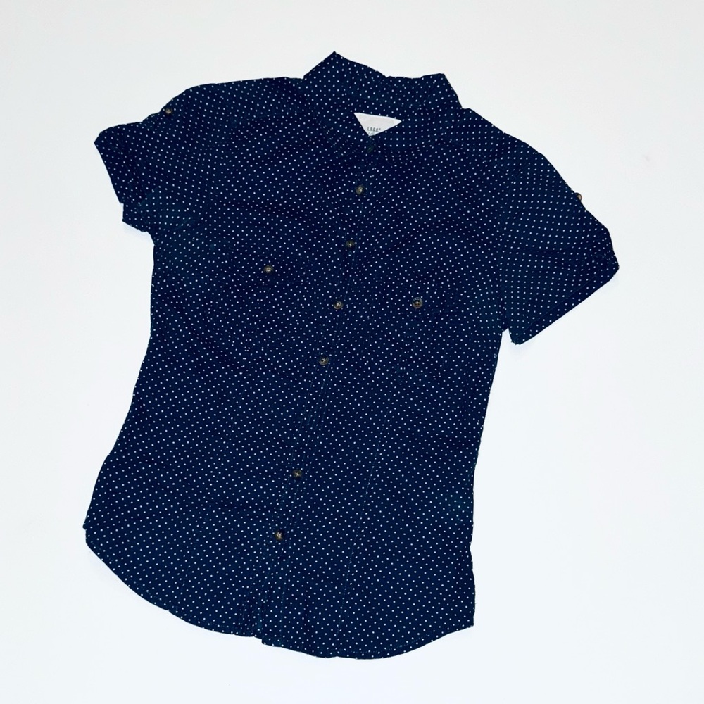L.O.G.G. by H&M Navy Polka Dot Button Down Blouse Women XS/S 100% COTTON!